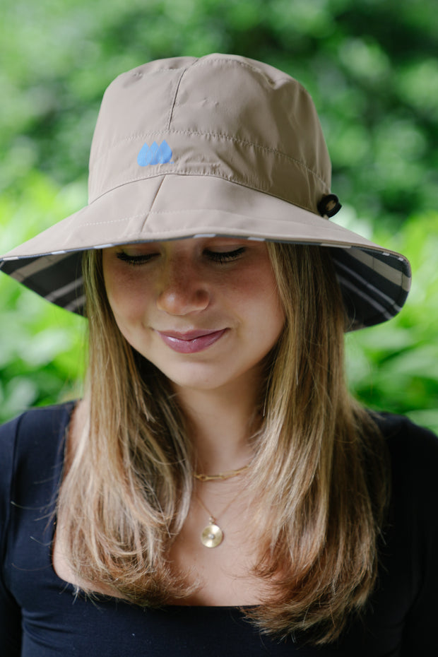 Camel & Cabana Stripe RAINCAP | Women's Bucket Hat - fashionable and practical rain gear by RAINRAPS
