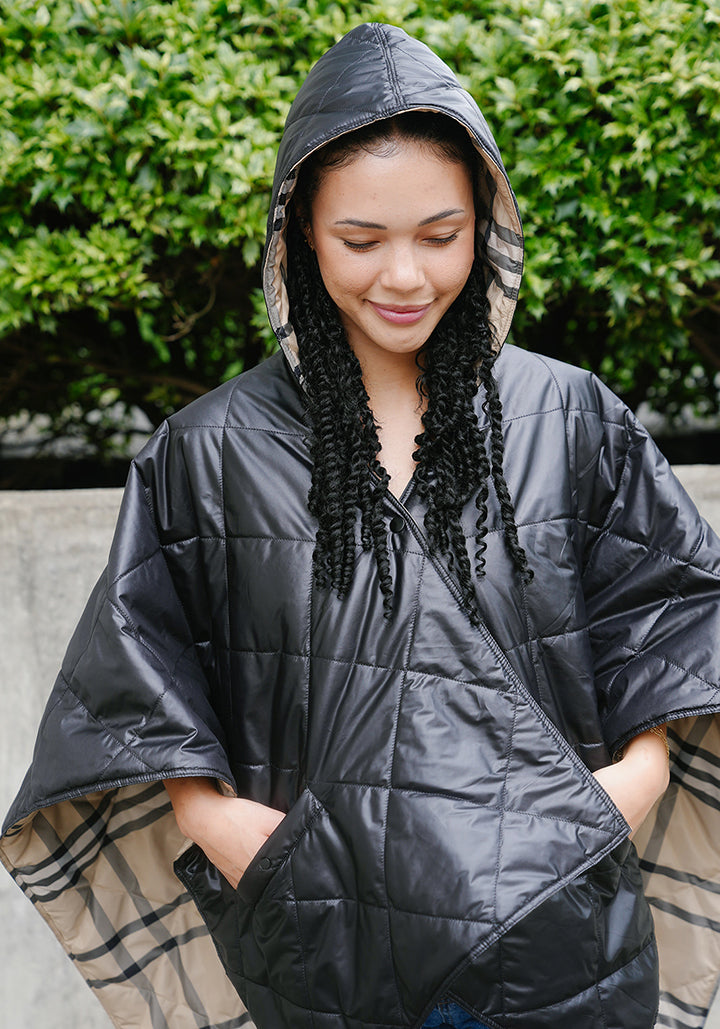 Black & Plaid PUFFERRAP | Women's Rain Puffer Jacket - fashionable and practical rain gear by RAINRAPS