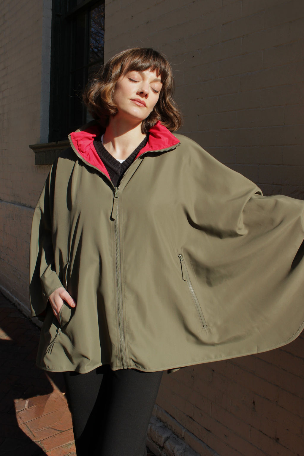 Olive & Red SPORTYRAP | Woman's Rain Jacket - fashionable and practical rain gear by RAINRAPS