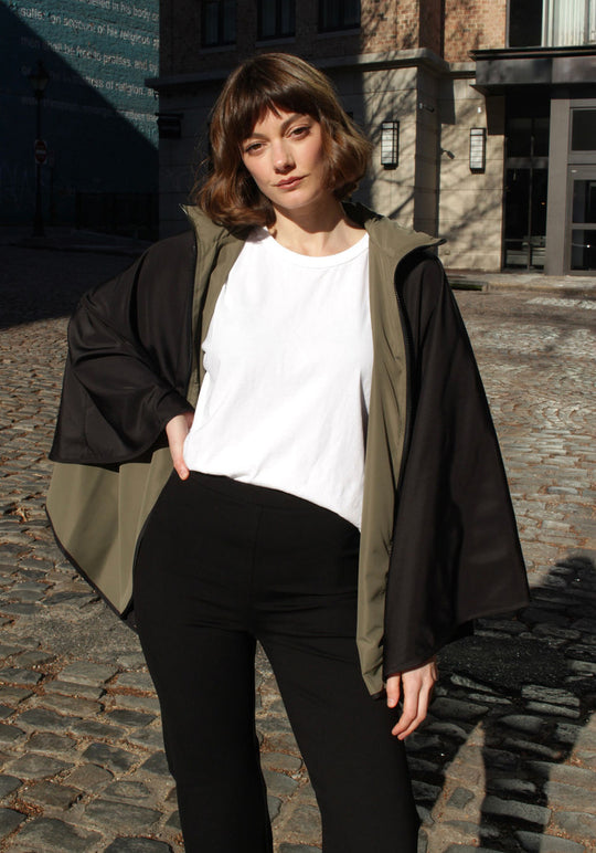 Black & Olive SPORTYRAP | Woman's Rain Jacket - fashionable and practical rain gear by RAINRAPS