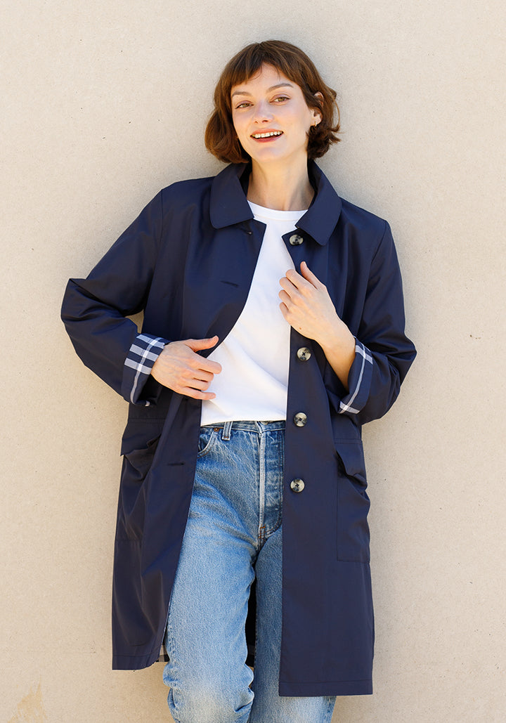 Navy & Navy Plaid RAINTRENCH (with detachable hood) | Rain Trench Coat (Pre-Order - Shipping July 27) - fashionable and practical rain gear by RAINRAPS