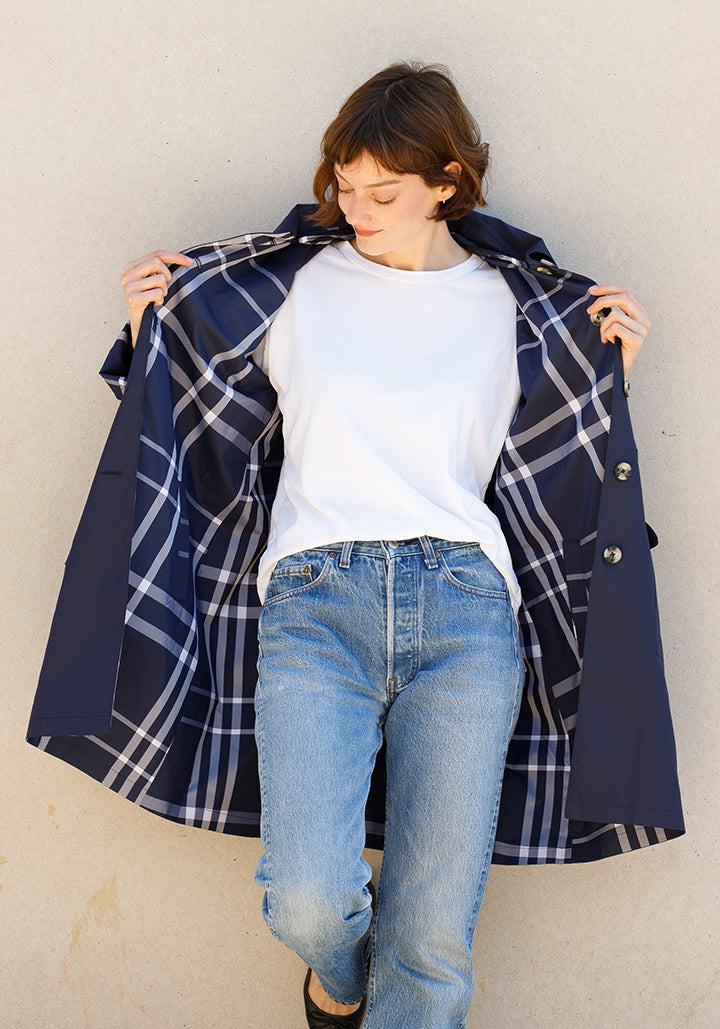 Navy & Navy Plaid RAINTRENCH (with detachable hood) | Rain Trench Coat (Pre-Order - Shipping July 27) - fashionable and practical rain gear by RAINRAPS