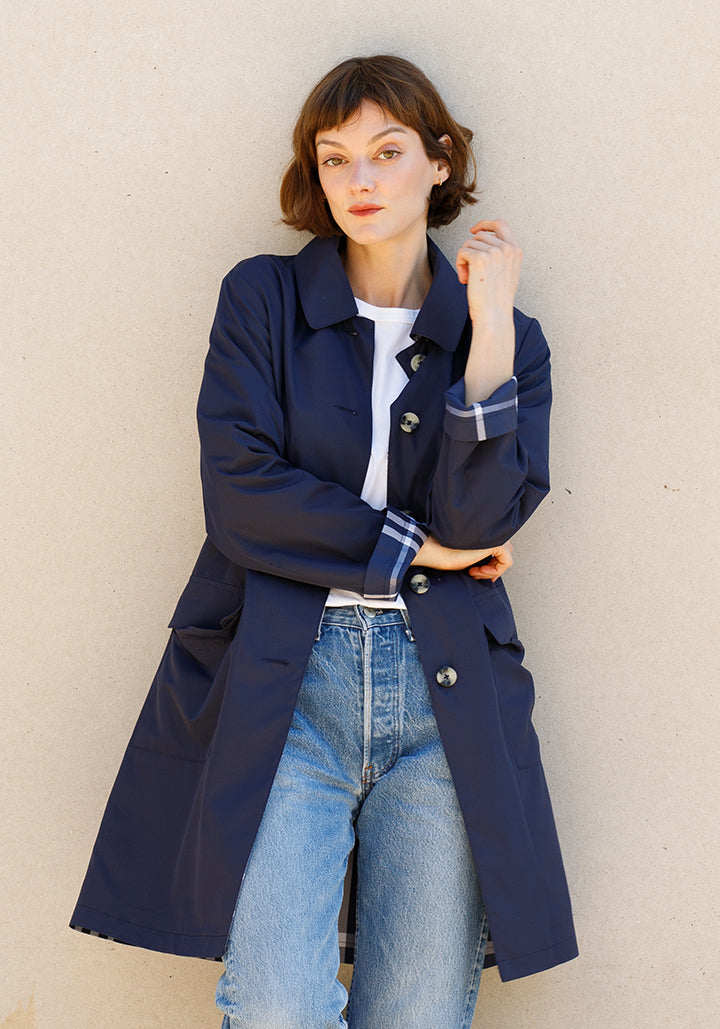 Navy & Navy Plaid RAINTRENCH (with detachable hood) | Rain Trench Coat (Pre-Order - Shipping July 27) - fashionable and practical rain gear by RAINRAPS