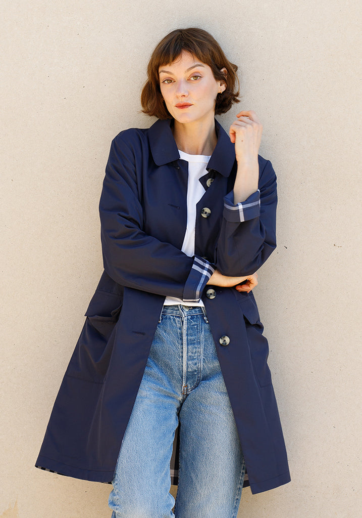Navy & Navy Plaid RAINTRENCH (with detachable hood) | Rain Trench Coat