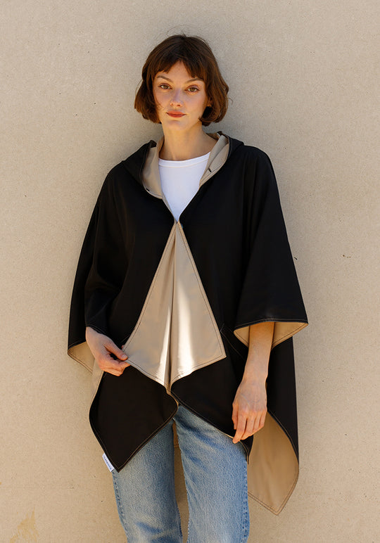Hooded Black & Camel RAINRAP | Women's Rain Poncho (Pre-Order Shipping July 27) - fashionable and practical rain gear by RAINRAPS