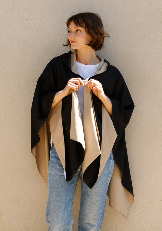 Hooded Black & Camel RAINRAP | Women's Rain Poncho (Pre-Order Shipping July 27) - fashionable and practical rain gear by RAINRAPS
