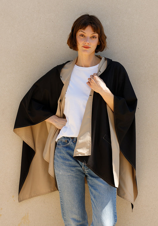 Hooded Black & Camel RAINRAP | Women's Rain Poncho (Pre-Order Shipping July 27) - fashionable and practical rain gear by RAINRAPS