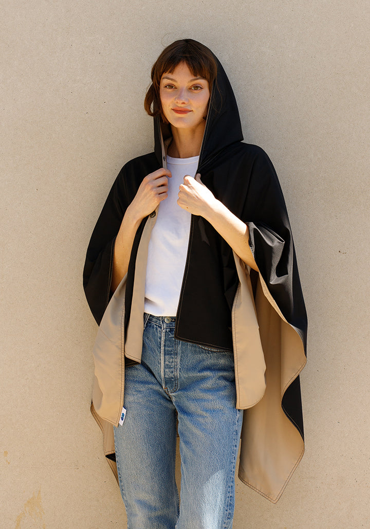 Hooded Black & Camel RAINRAP | Women's Rain Poncho (Pre-Order Shipping July 27) - fashionable and practical rain gear by RAINRAPS