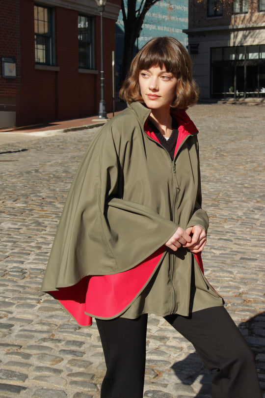 Olive & Red SPORTYRAP | Woman's Rain Jacket - fashionable and practical rain gear by RAINRAPS
