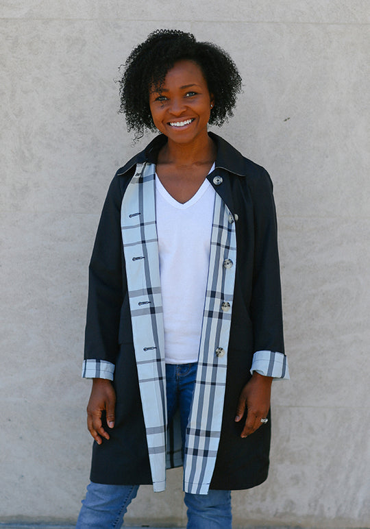 Black & Light Blue Plaid RAINTRENCH (with detachable hood) | Rain Trench Coat (Only Smalls Left)