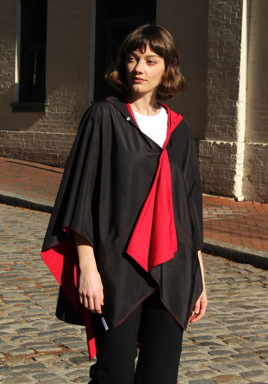 Hooded Black & Red RAINRAP | Women's Rain Poncho - fashionable and practical rain gear by RAINRAPS