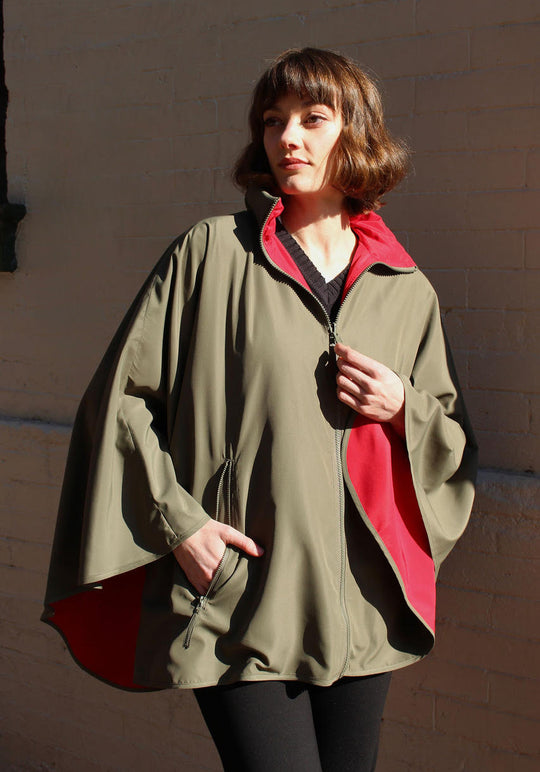 Olive & Red SPORTYRAP | Woman's Rain Jacket - fashionable and practical rain gear by RAINRAPS