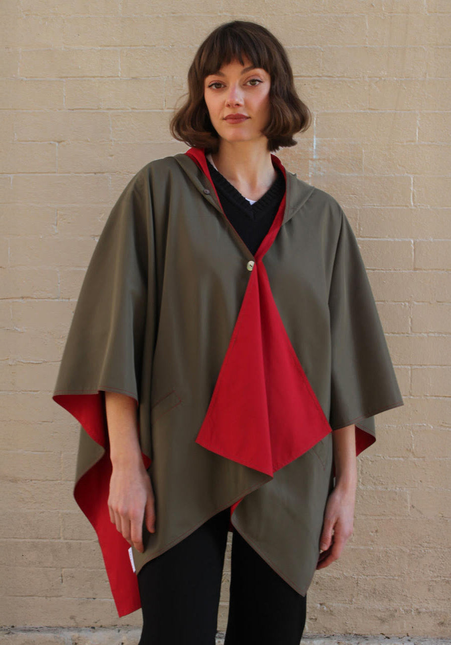 Olive & Red RAINRAP | Women's Rain Wrap Jacket - fashionable and practical rain gear by RAINRAPS