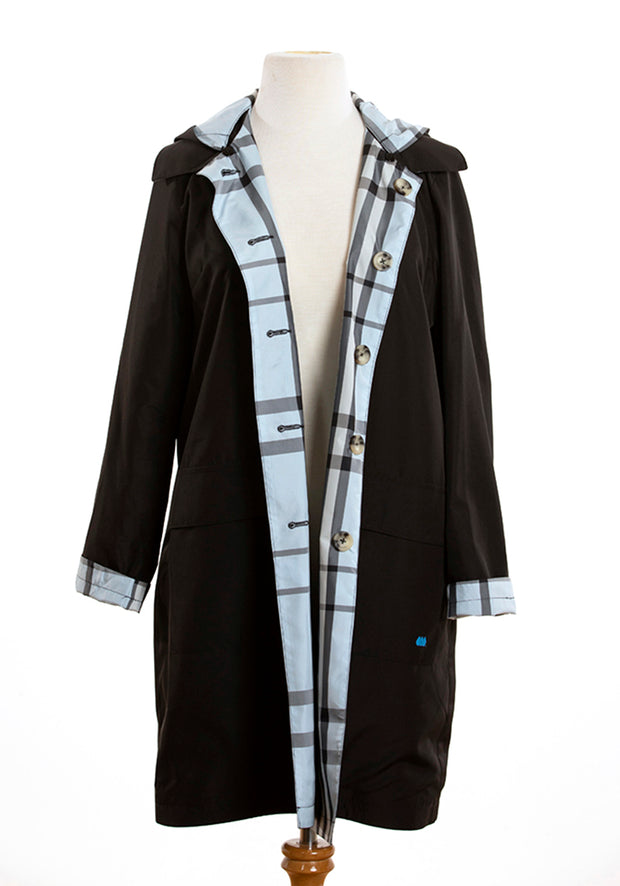 Black & Light Blue Plaid RAINTRENCH (with detachable hood) - fashionable and practical rain gear by RAINRAPS
