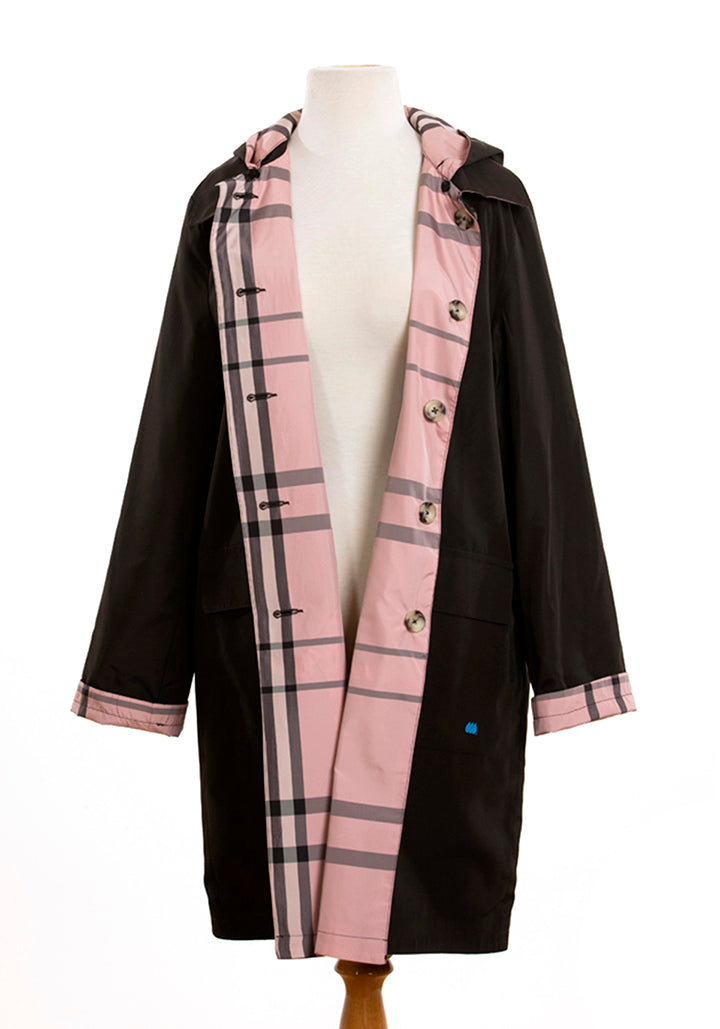 Black & Pink Plaid RAINTRENCH (with detachable hood) - fashionable and practical rain gear by RAINRAPS