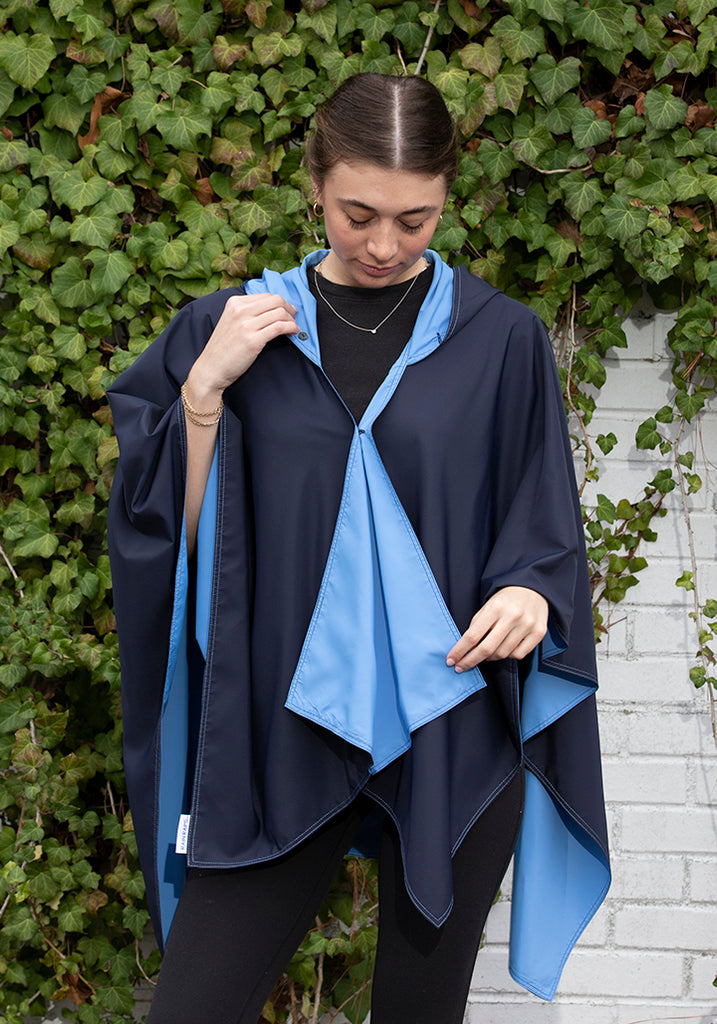 Hooded Navy & Periwinkle | Woman's Rain Poncho