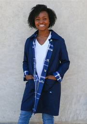 Navy & Navy Plaid RAINTRENCH (with detachable hood) - fashionable and practical rain gear by RAINRAPS