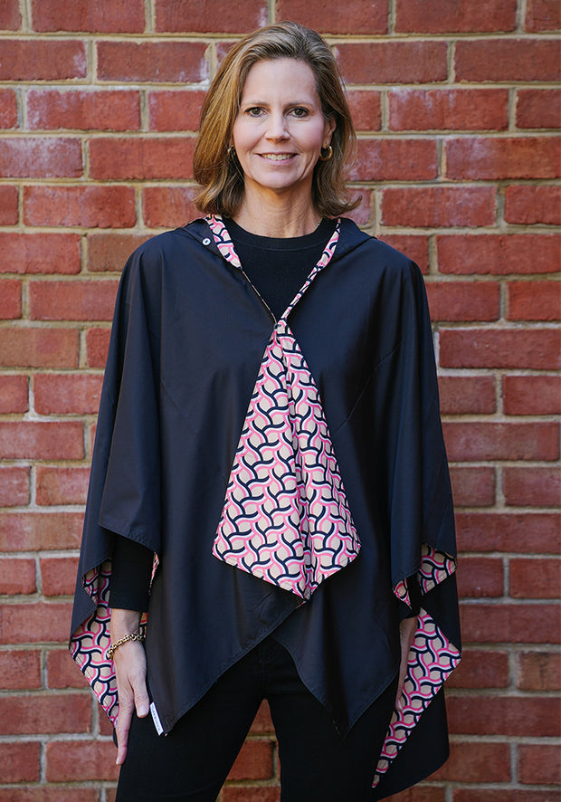 Hooded Black & Swivel RAINRAP | Women's Rain Poncho - fashionable and practical rain gear by RAINRAPS